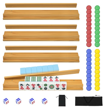 Magnetic Wooden Mahjong Racks with Pushers Set of 4, Including 4 Magnetic Racks, 4 Pushers, 40 Chips, 4 Dice, Mahjong Rack Bags,Chip Dice Bundle