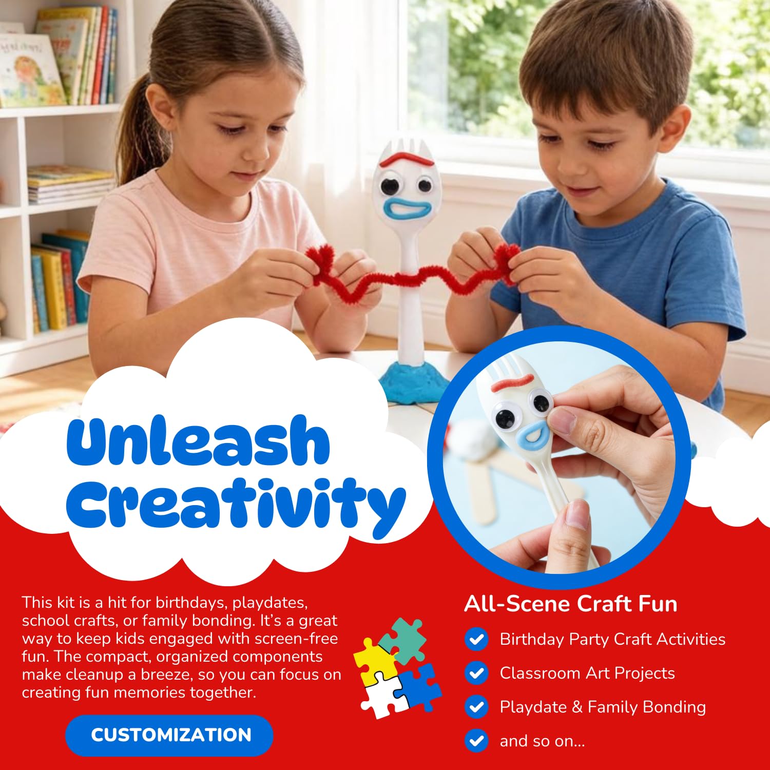 Fork Creativity Set, 100 Sets Forky DIY Creative Crafts Pack Plastic Sporks Red Pipe Cleaners Googly Eyes Popsicle Stick