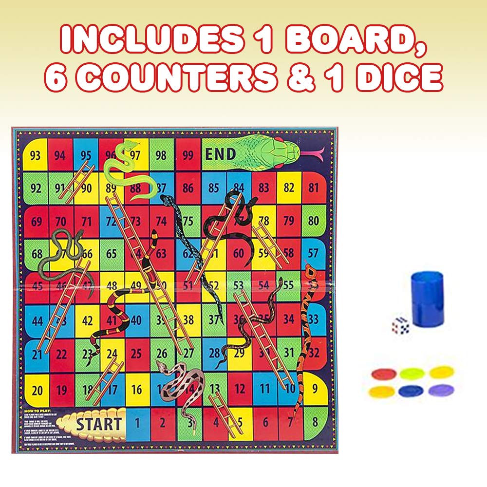 Gamie Snakes and Ladders Board Game for Kids, Complete Set with Board, 6 Pegs, and Dice, Classic Fun for Family Game Night and Classroom, Best