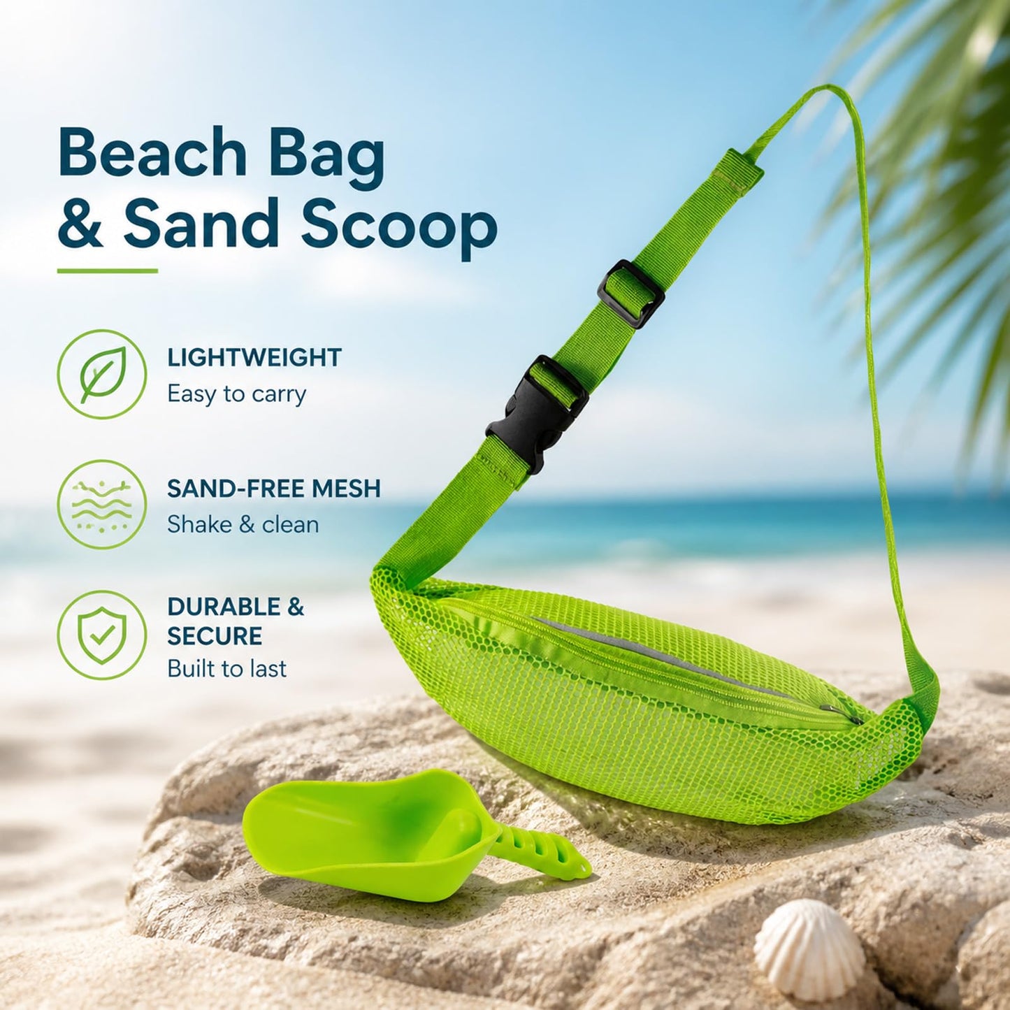AJFHKJ Mesh Beach Bag Shell Bags for Beach with Beach Shovels Set, Adjustable Fanny Pack Seashell Bag for Collecting Seashells Rocks for Adults Boys