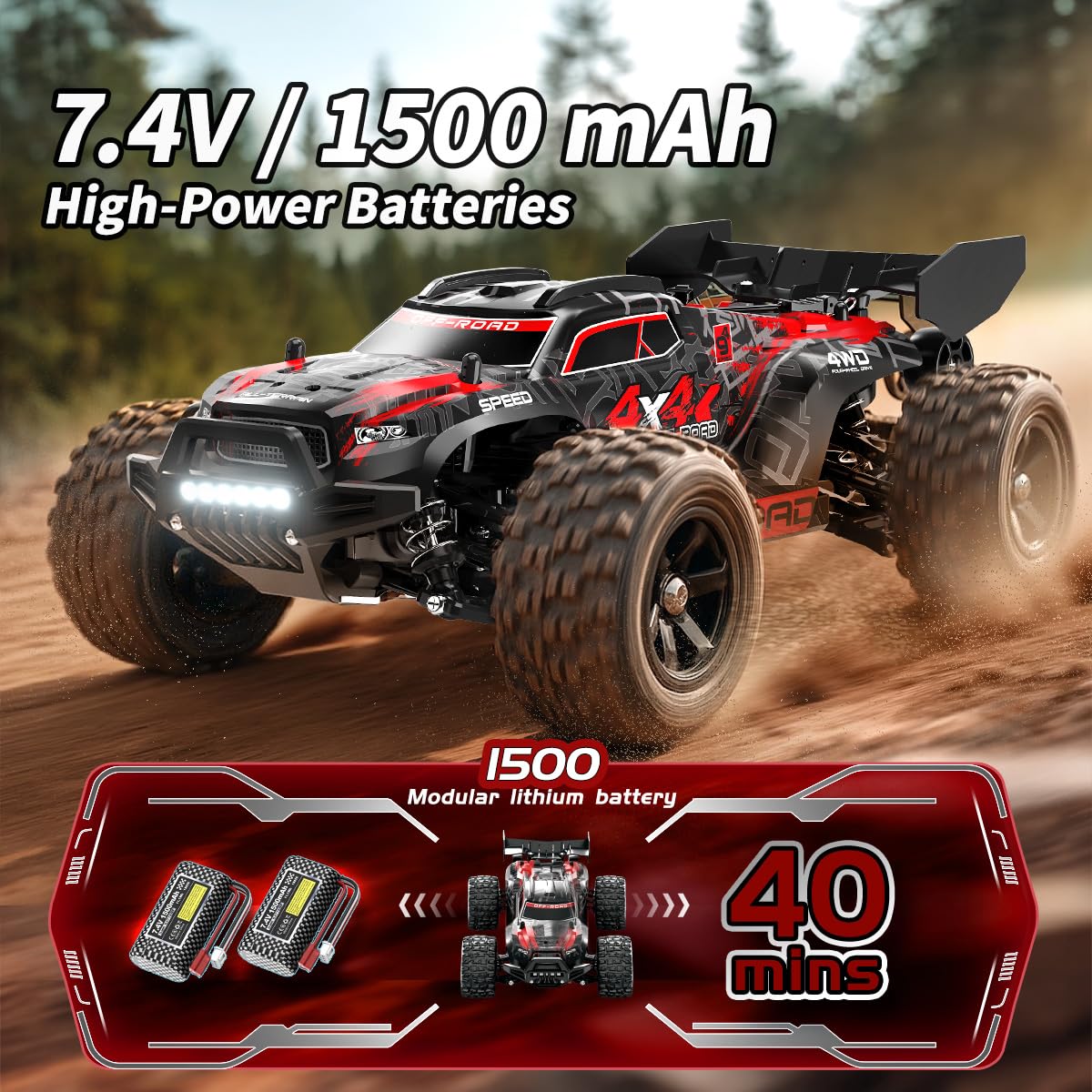 1:18 Scale RC Cars All Terrain Off Road 4WD Remote Control Car 36KM/H High Speed RC Monster Truck, Electric Vehicle with 2.4GHz Racing Car , Two 7.4V