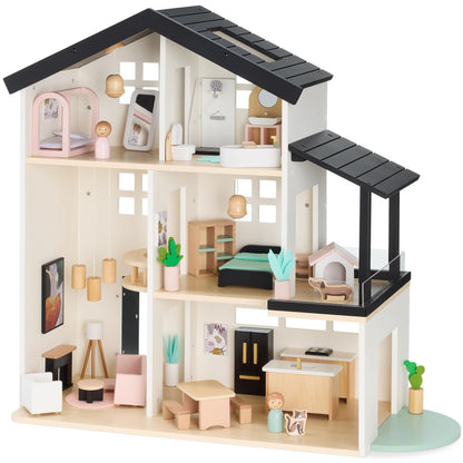 Best Choice Products Modern Wooden Dollhouse for Kids, 3-Story Doll House with 40 Furniture Accessories, Interactive Dollhouse Set with Dolls