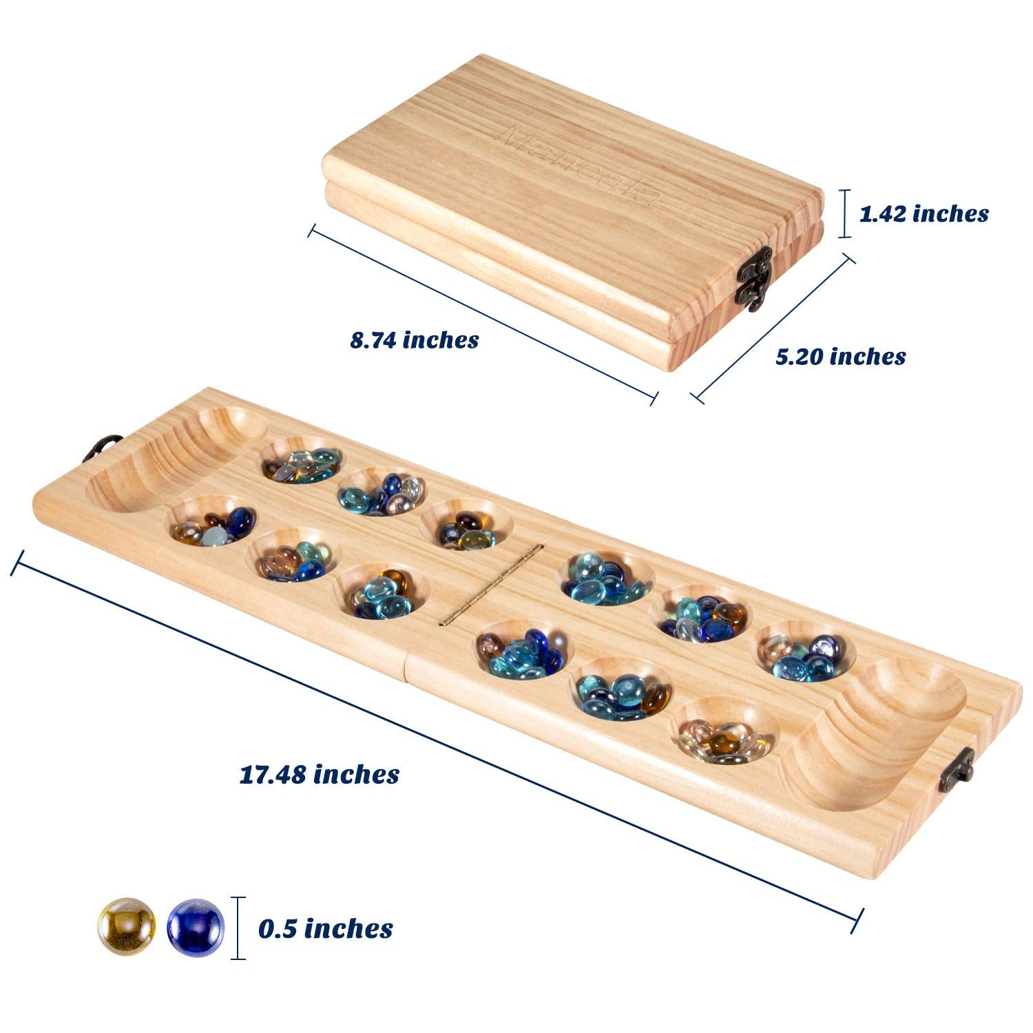 AMEROUS Wooden Mancala Board Game Set - Folding Board - Multi Color Glass Stones - Gift Package - Mancala Instructions, Portable Travel Board Game