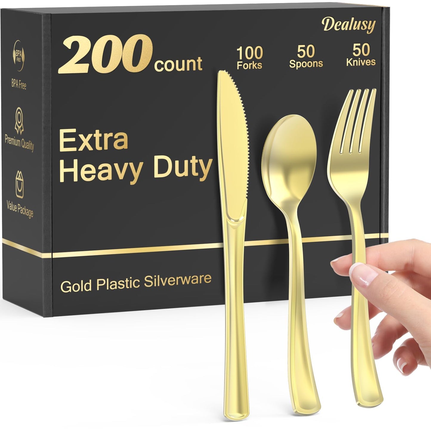 Dealusy 200 Count Heavy Duty Gold Plastic Silverware, 100 Forks, 50 Spoons, 50 Knives, BPA-Free, Heat Resistant, Disposable Plastic Utensils Set