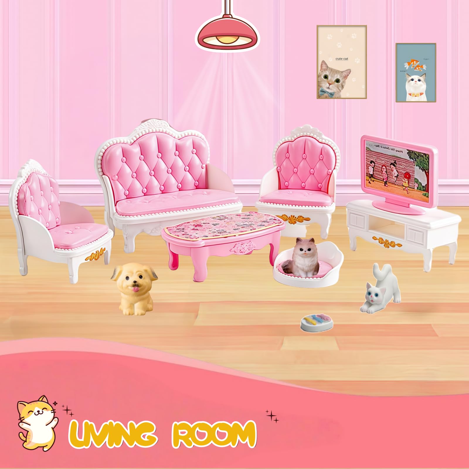 Xadothat Dollhouse Furniture Set, Complete Room Collection with Kitchen, Dining, Living Room, Bedroom and Bathroom Accessories, Plastic (36-Piece