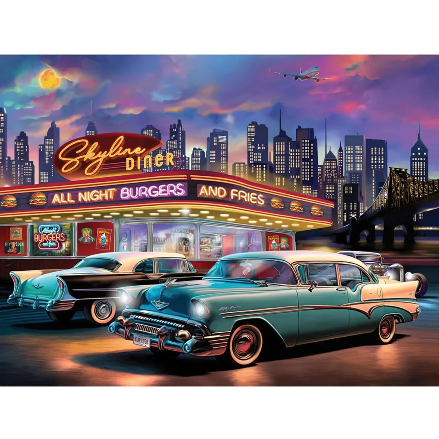 Bits and Pieces 1000 Piece Puzzles for Adults - Gold Foil All Night Burgers - Large 20" x 27" Jigsaw Puzzles 1000 Pieces Gold Foil 1950s Retro Cars