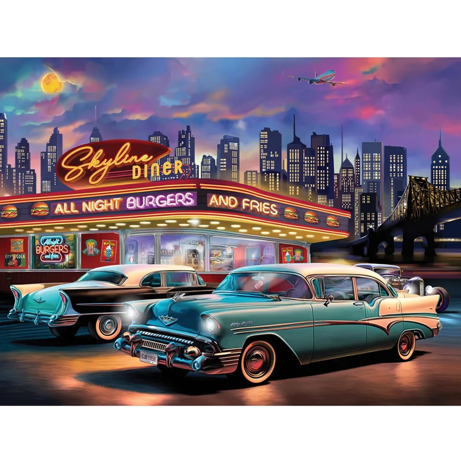 Bits and Pieces 1000 Piece Puzzles for Adults - Gold Foil All Night Burgers - Large 20" x 27" Jigsaw Puzzles 1000 Pieces Gold Foil 1950s Retro Cars