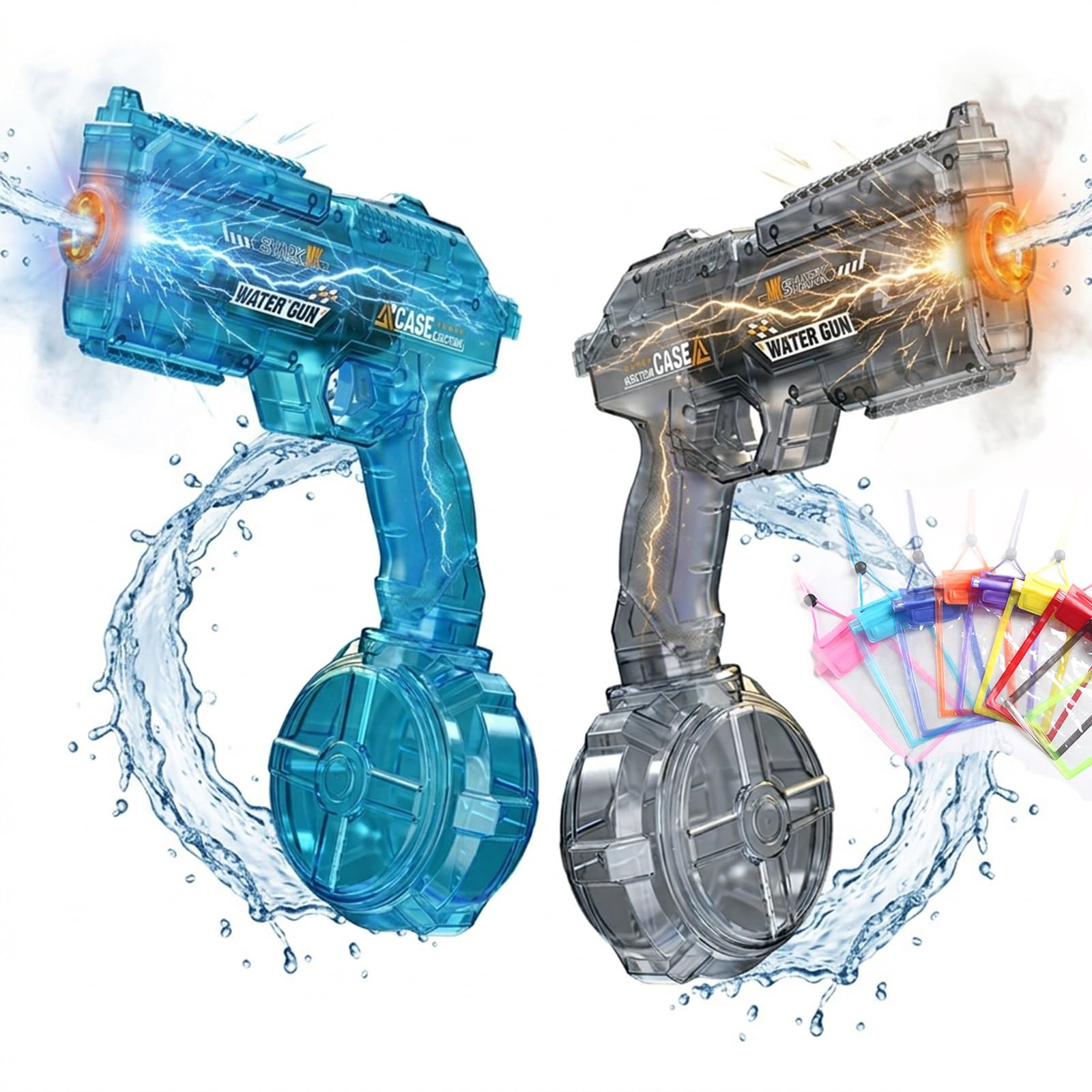 BSTHOK Electric Water Guns Water Blaster 2-Pack, Automatic High-Capacity Water Rifle with Drum Magazine & Red Dot Sight, Transparent Pro Squirt Guns