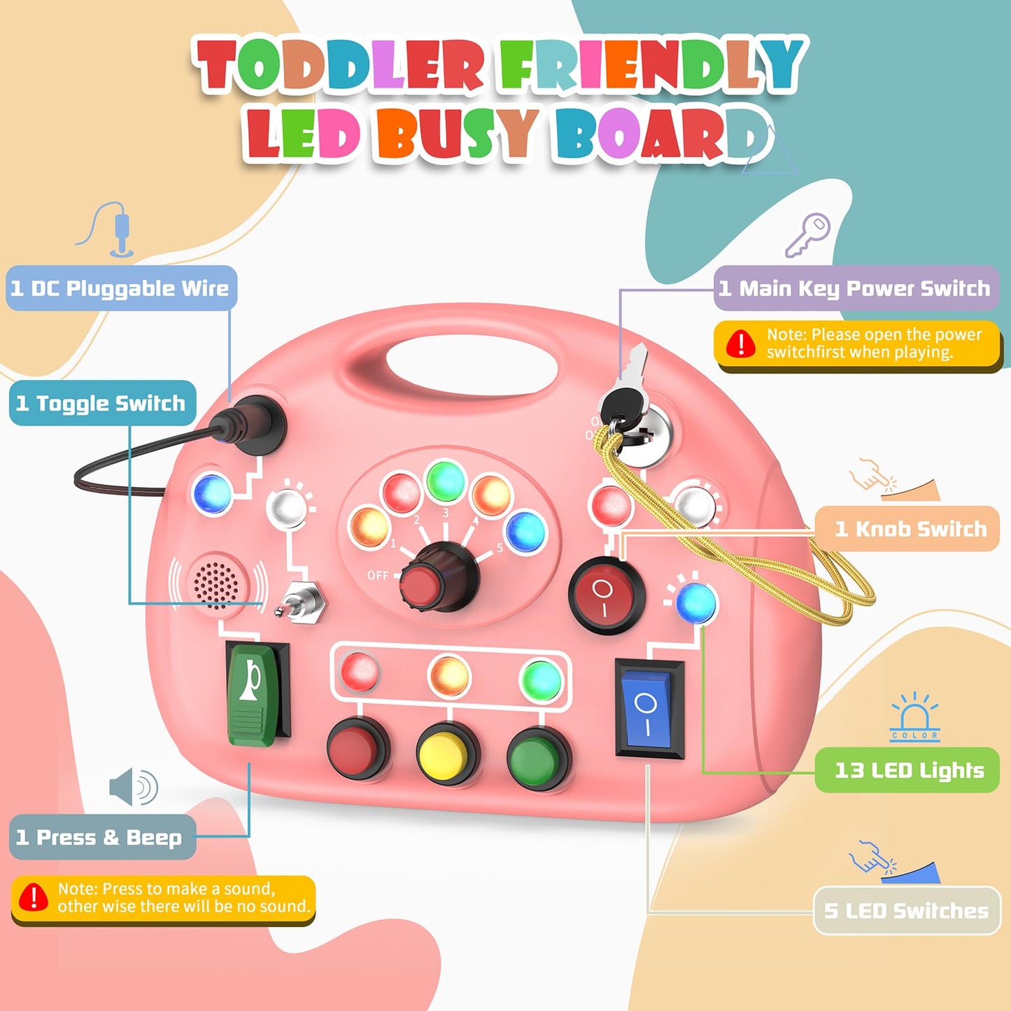 JIWORT Montessori Busy Board for Toddlers with LED Light & Switches, Portable Activity Board for Car & Airplane Travel Toys, Christmas & Birthday Gift
