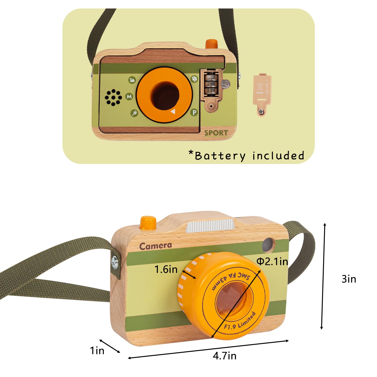 Wooden Mini Pretend Camera Toy with Real Sounds and Light for Toddlers 3 Years Old, Neck Hanging Photographed Props for Boys Girls Children Kids