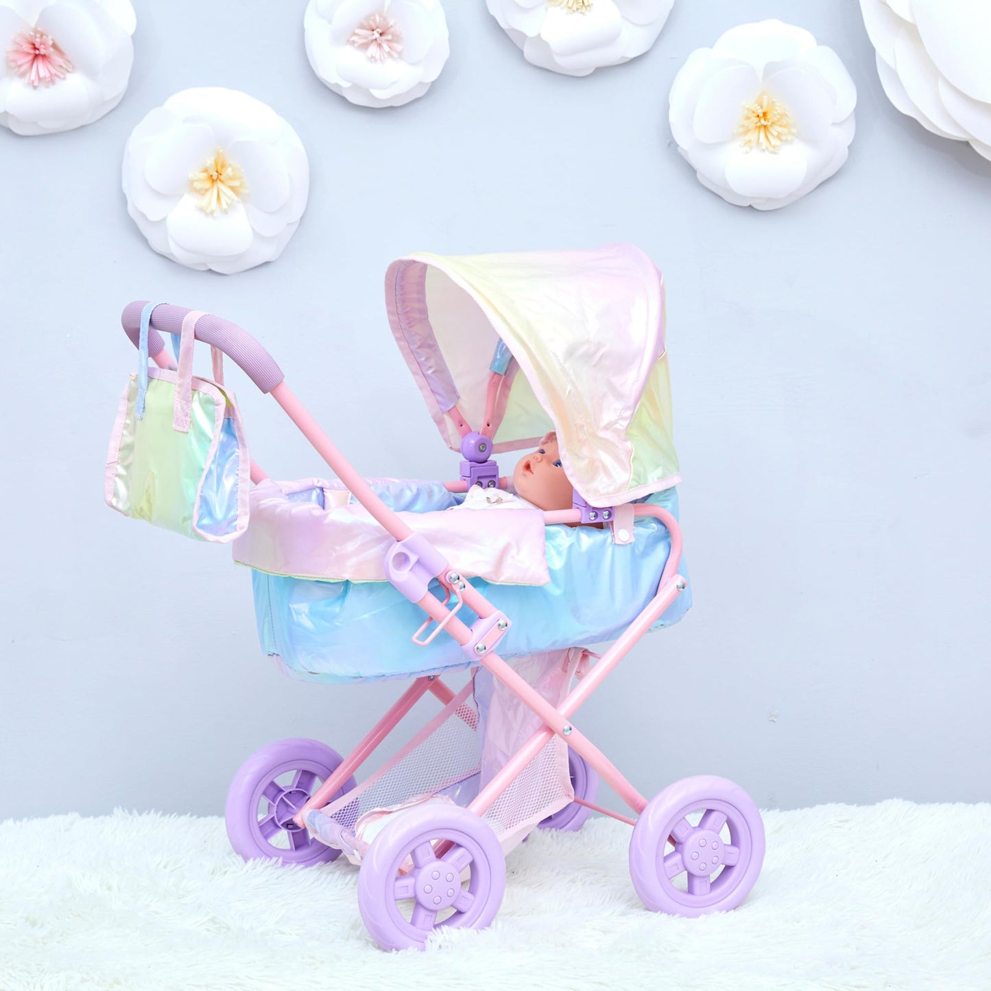 Olivia’s Little World Magical Shimmer Deluxe 2-in-1 Baby Doll Stroller with Matching Mini Diaper Bag, Iridescent Rainbow