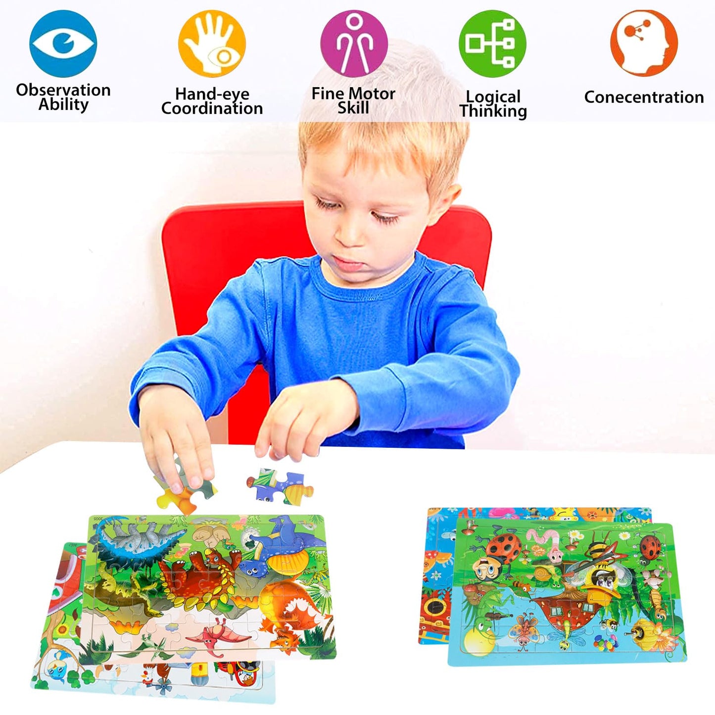 Wooden Jigsaw Puzzles for Kids Ages 3-5 Year Old, 6 Pack 30 Pieces Kids Puzzles Colorful Preschool Educational Learning Toys Present Set for Toddler