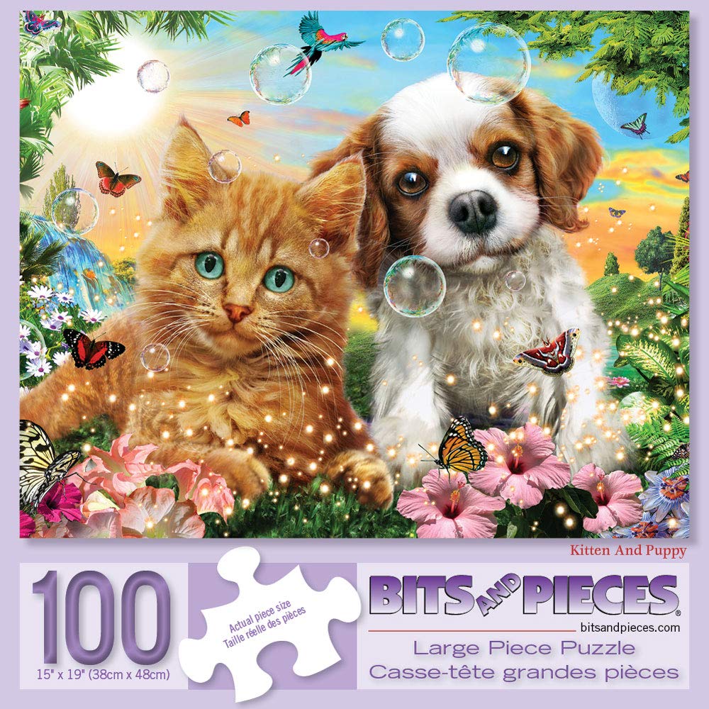 Bits and Pieces - Large 100 Piece Jigsaw Puzzle for Adults - Kitten & Puppy - Cute Baby Animals Dog Cat Jigsaw Puzzle by Adrian Chesterman, Completed