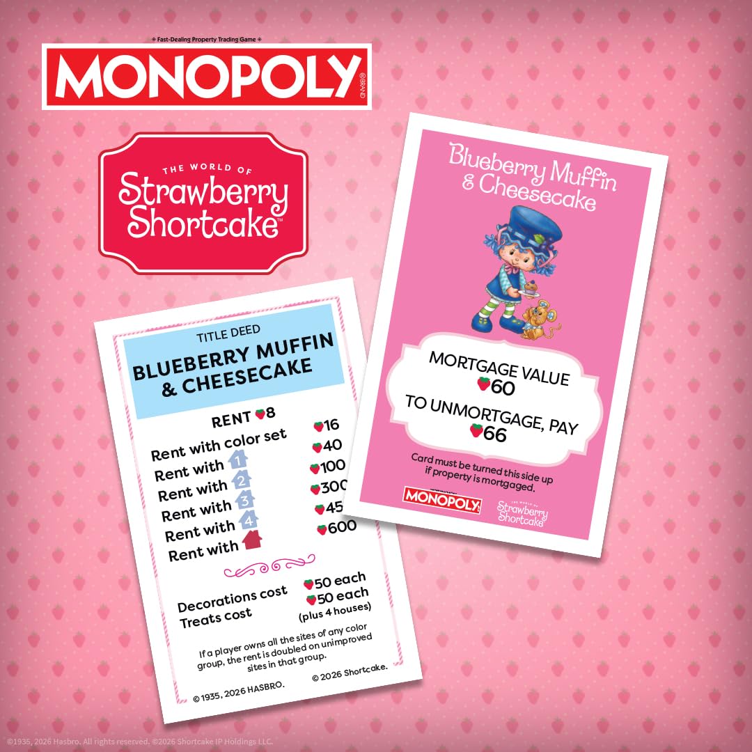 Monopoly: Strawberry Shortcake Board Game, Buy, Sell & Trade Locations Like Big Apple City, Citrus Acres & More, Includes 6 Collectible Tokens Like