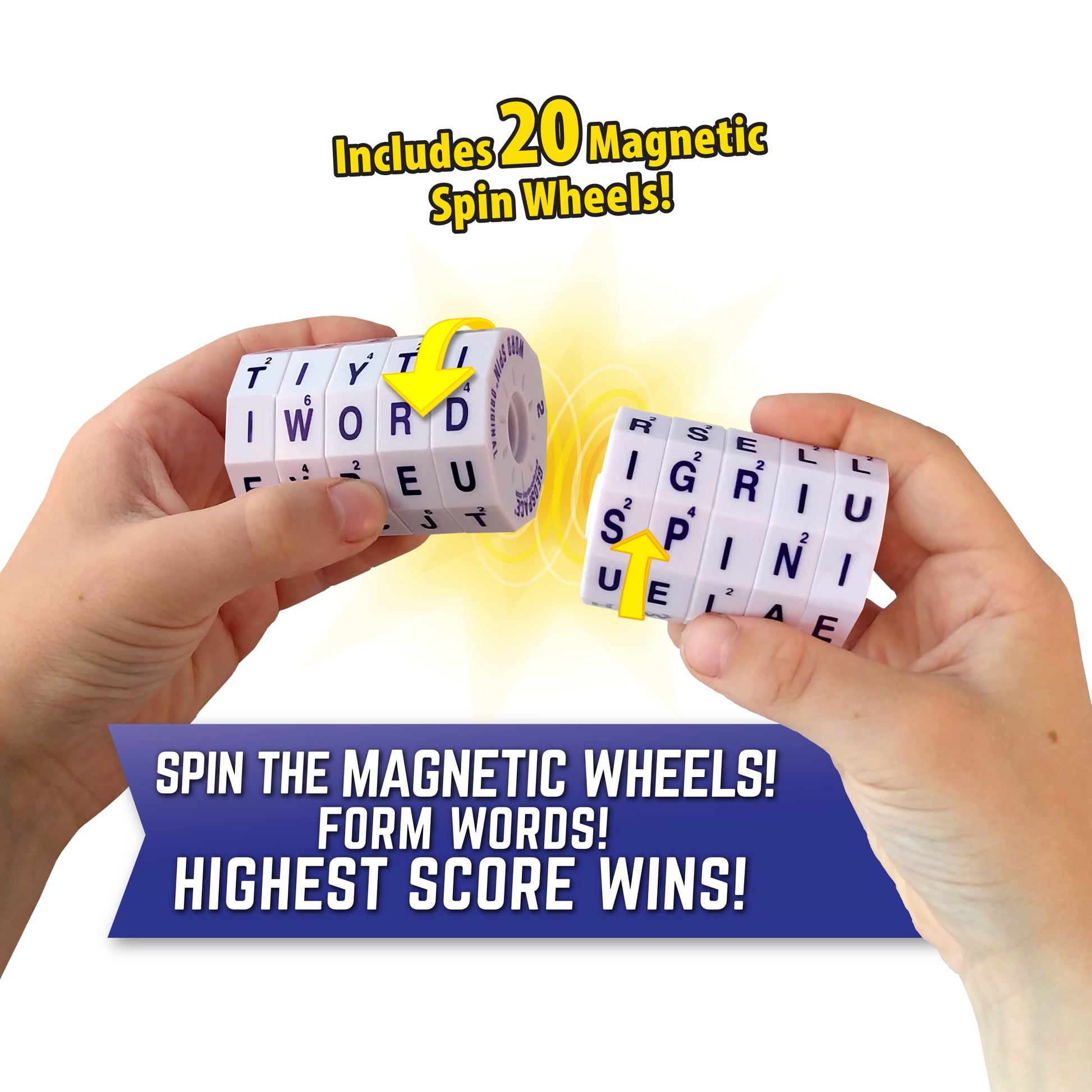 Geospace Word Spin Deluxe Family Edition for Adults & Kids - The Award Winning Magnetic Word Game with 20 Magnetic Spin Wheels, Timer & Score Pad