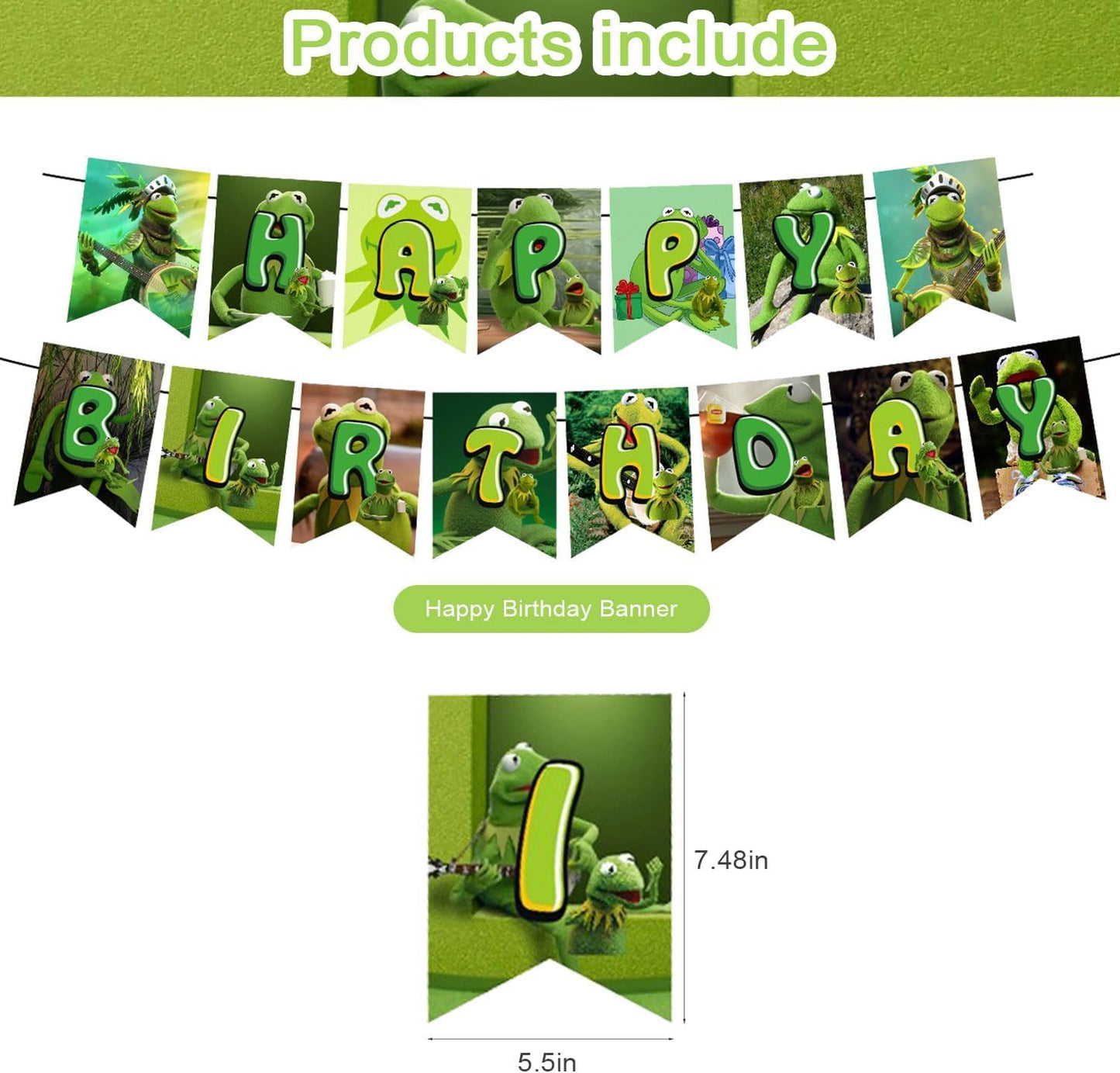 Frog Party Decorations,Kermit Frog Birthday Party Supplies Includes Banner- Cake Topper - 24 Cupcake Toppers - 18 Balloons