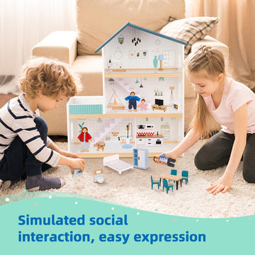 OOOK Wooden Dollhouse for Kids, Doll House with Simulated Luxury Furniture Set, Dollhouse Playset for Girls Toddlers (Including 4 Family Dolls