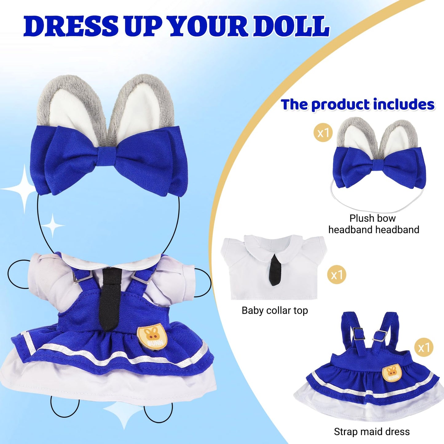 2PCS Bunny Police Doll Outfit Set Blue Shirt and Cap for 15-17cm 4 Inch Blind Box Animal Dolls