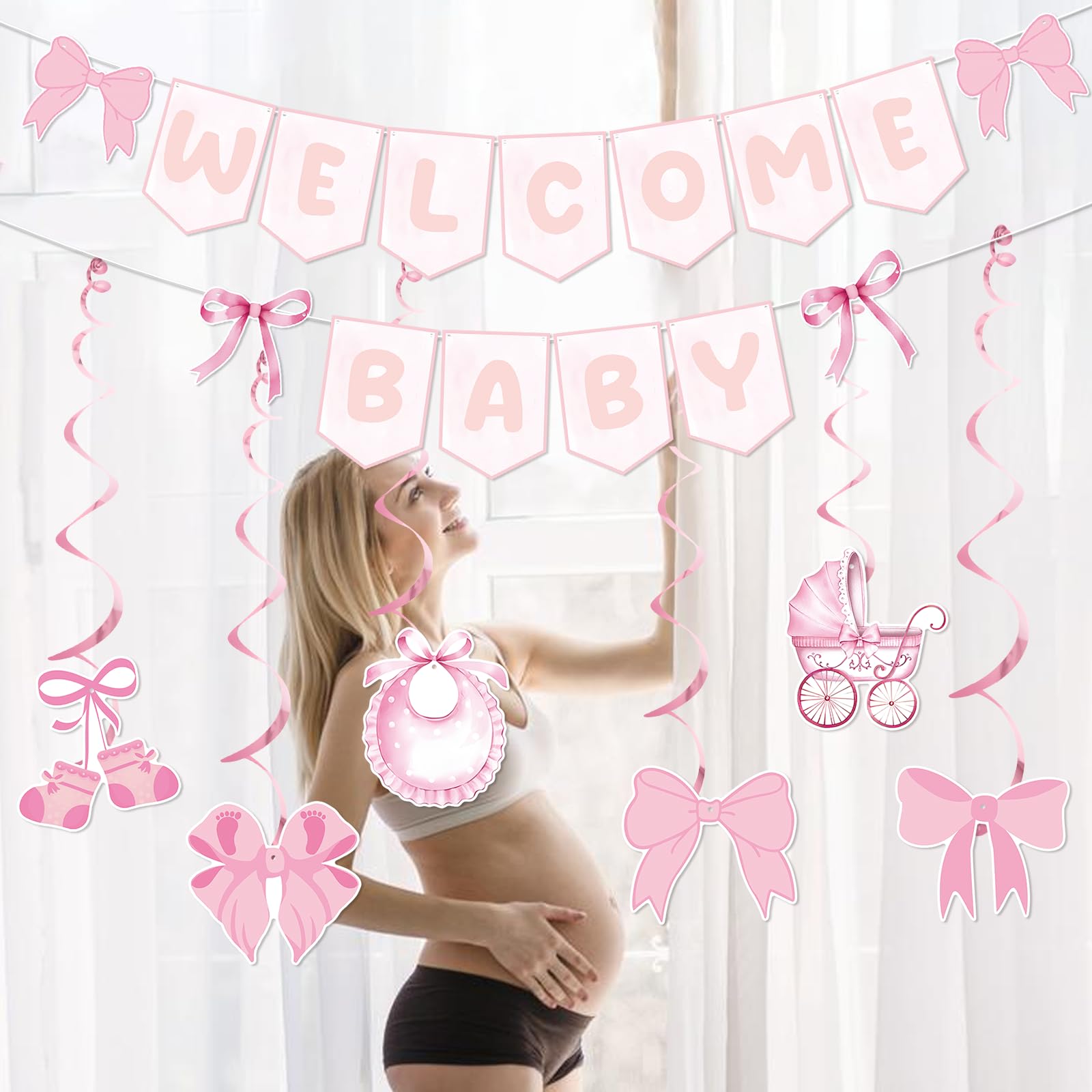 Pink Bow Welcome Baby Banner With Haning Swirls, Bow Baby Girl Banner, Pink Bow Baby Shower Decorations, Welcome Baby Girl Decorations for Girls