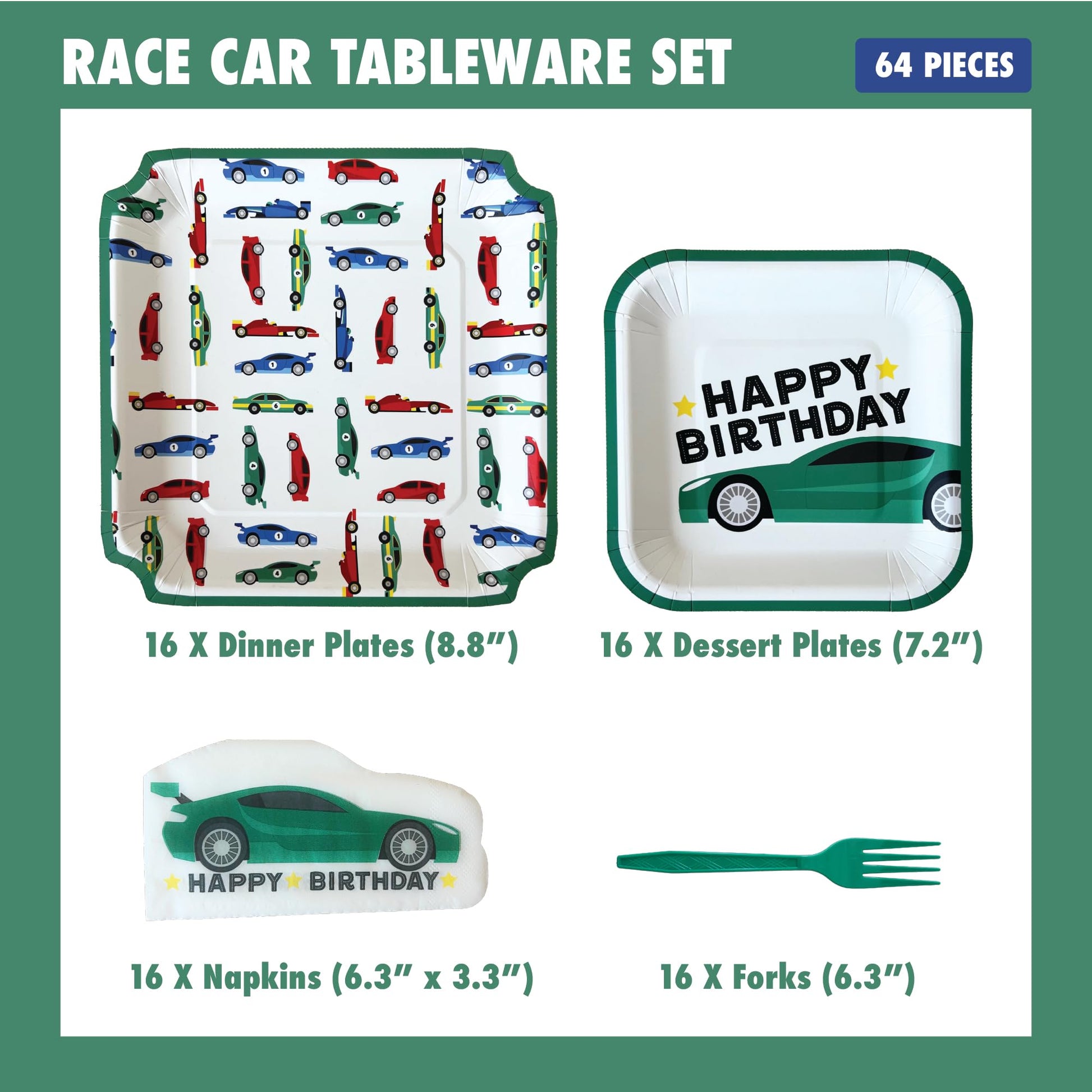 Modern Whimsy Race Car Birthday Party Decorations - 64 Pc Car Tableware Serves 16 - Square Plates, Die-Cut Car Napkins & Forks - Green Boys Car Themed