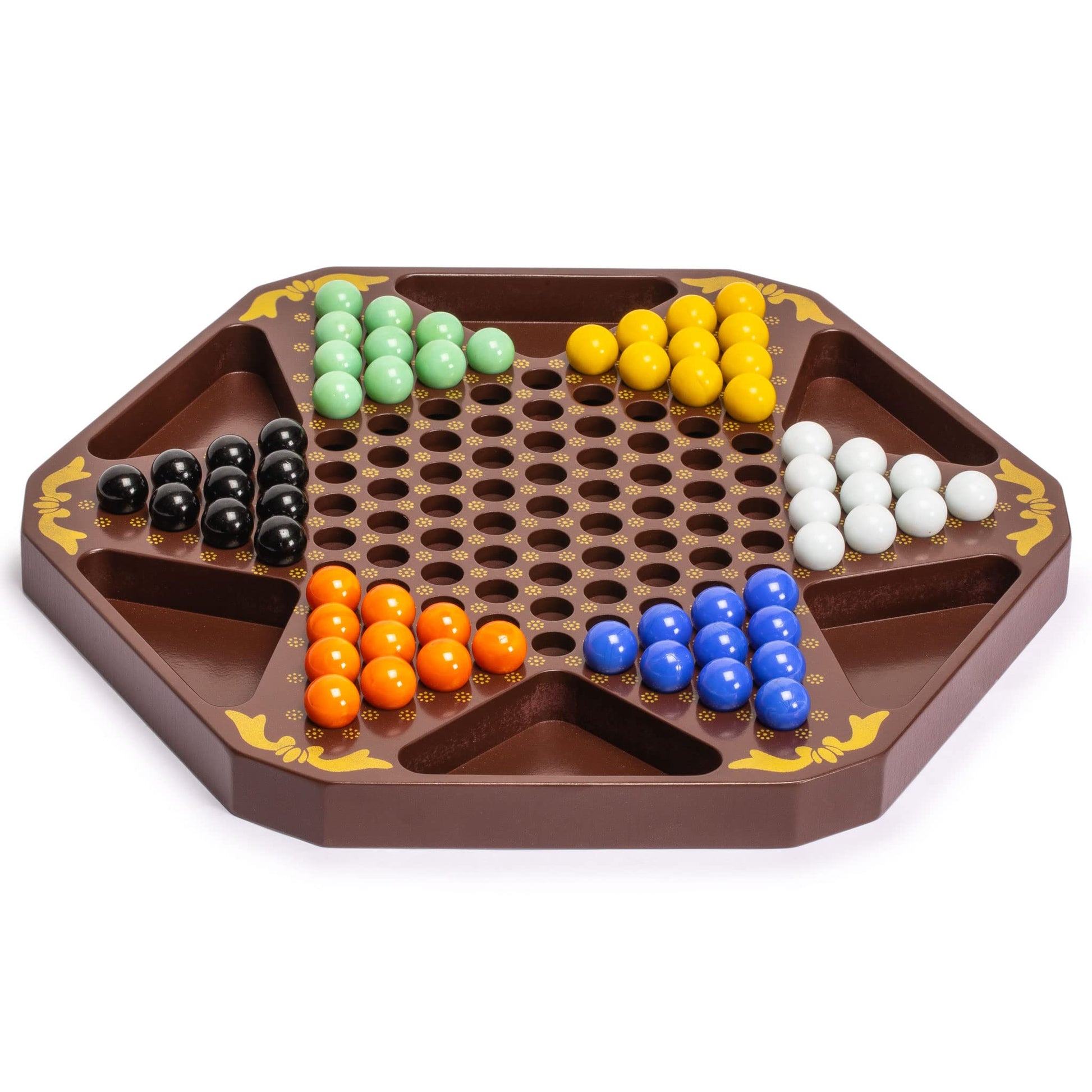 Yellow Mountain Imports Classic Chinese Checkers Halma Board Game Set with Storage, 12.6-inch Wooden Board, and Solid Color 16-Millimeter Glass