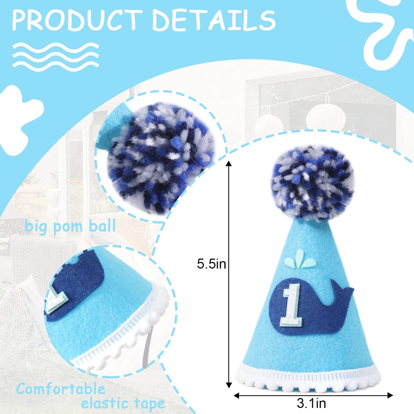 YOUAME 1st Birthday Party Hat - Whales Crown for Baby's First Birthday Party, Decorations and Photo Props