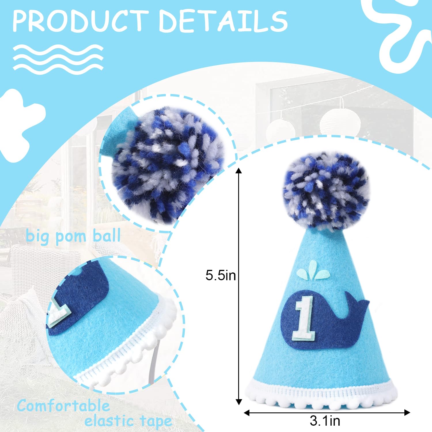 YOUAME 1st Birthday Party Hat - Whales Crown for Baby's First Birthday Party, Decorations and Photo Props