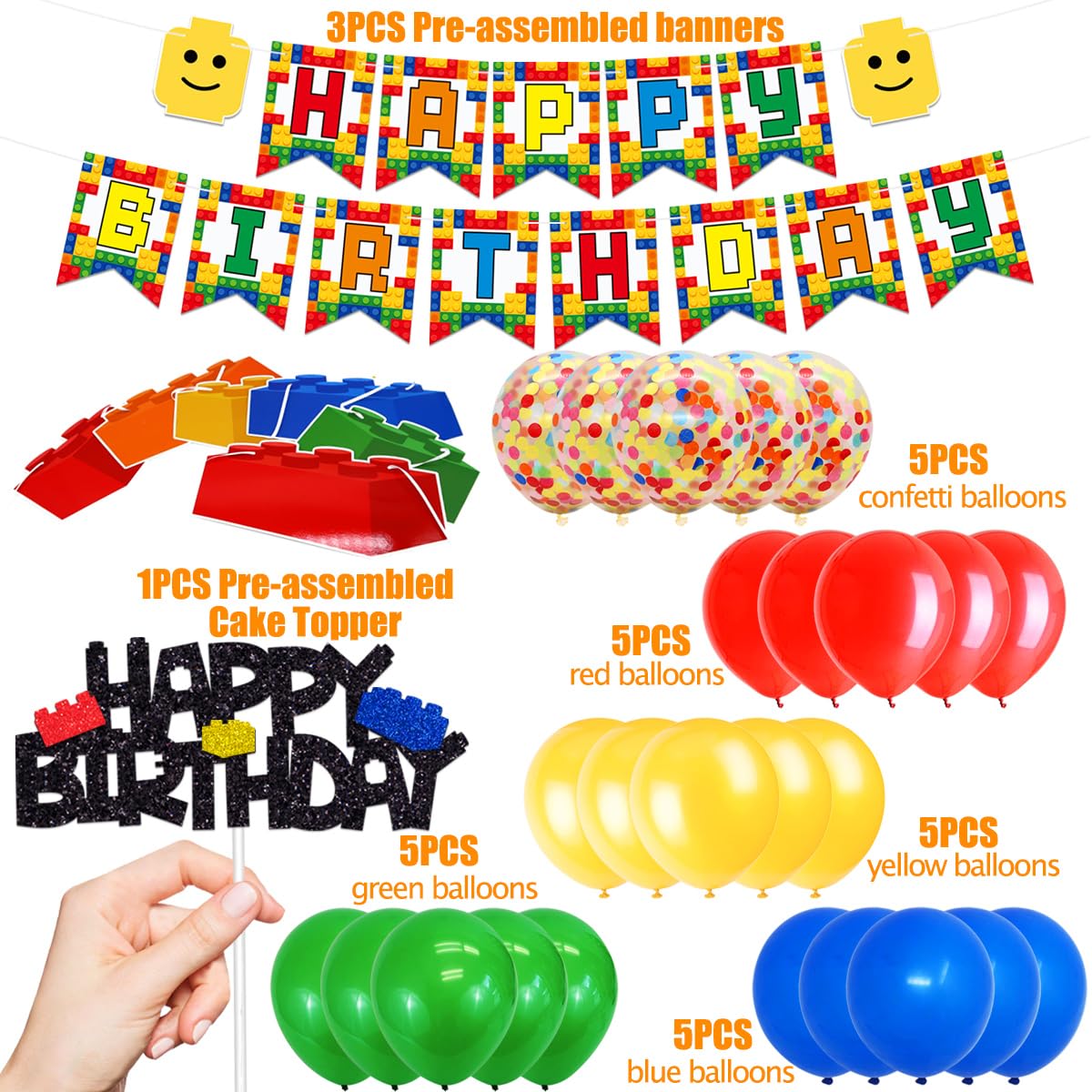Building Blocks Themed Birthday Party Decorations Pack - Includes Glitter Cake Topper Banners and Balloons - Summer Colorful Themed Bday Party Pack