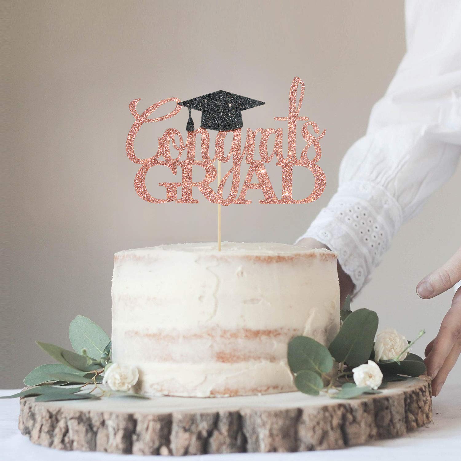 Rose Gold Glitter Congrats Grad Cake Topper - 2026 Graduation Decorations - High School Graduation, College Graduate Cake Topper