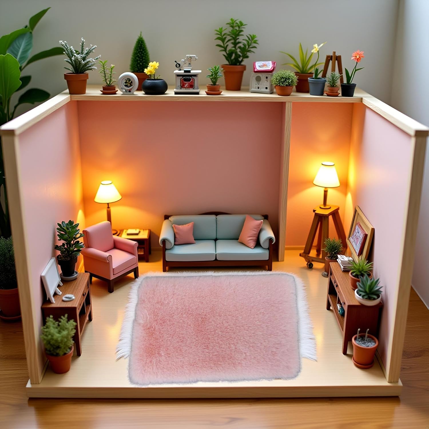 Pink Square Carpet, Miniature Fluffy Rug, Lightweight Dollhouse Decor for 1/12 Scale