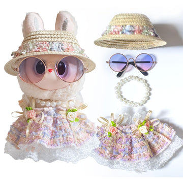 for Labubu Clothes Romantic Style Dresses, for Labubu Outfits with Glasses, Hat, Necklace Bundle for 17cm/6.7in Doll (No Doll)
