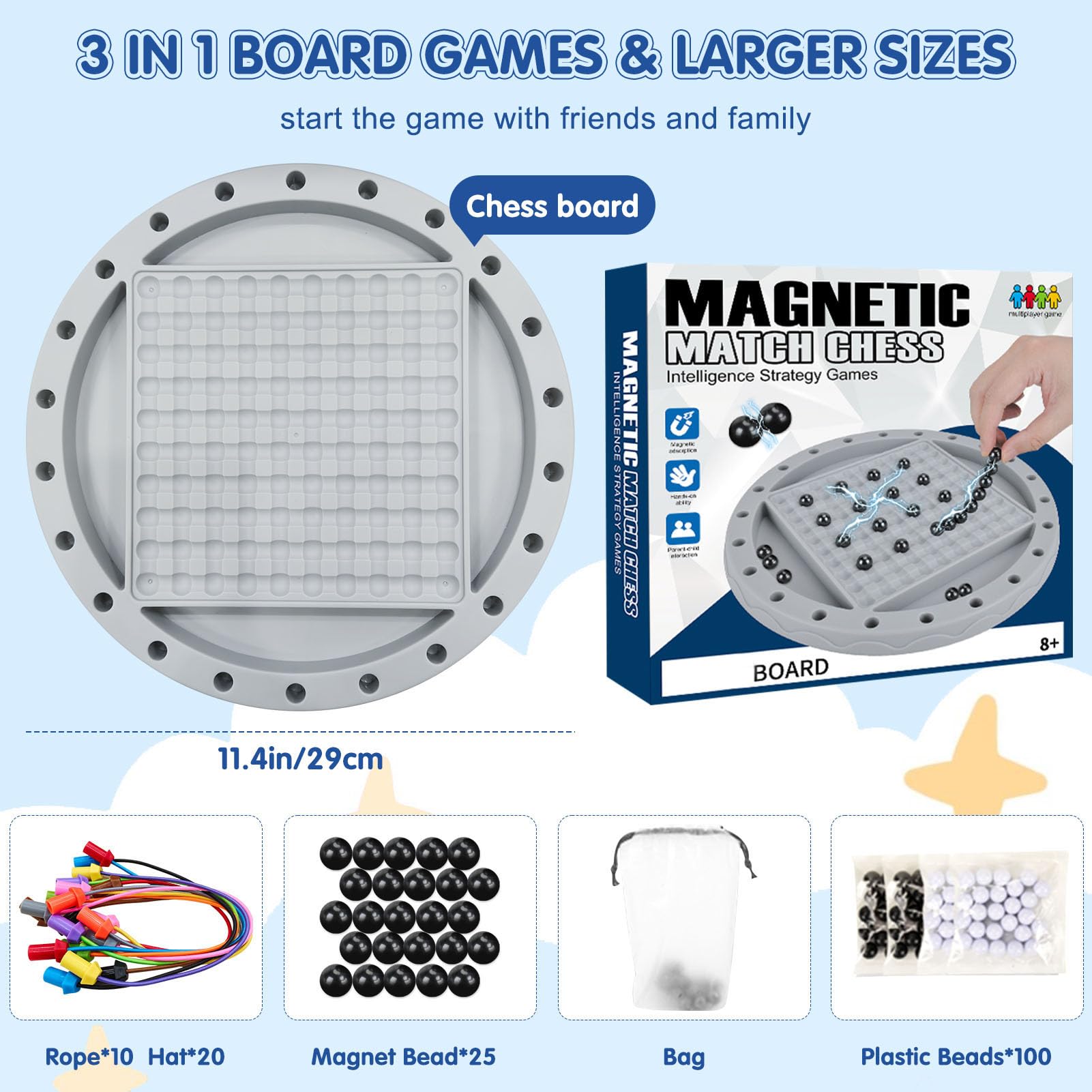3 in 1 Board Games, 5-in-eine-Reihe-Spiel & Magnetic Chess & Rope Untangling Puzzle Game, Multi-Challenges for Age 8+, Educational Strategy for Kids