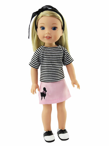 American Fashion World Light Pink 50`s Inspired Poodle Outfit for 14-Inch Dolls | 4 Piece Set | Premium Quality & Trendy Design | Dolls Clothes |