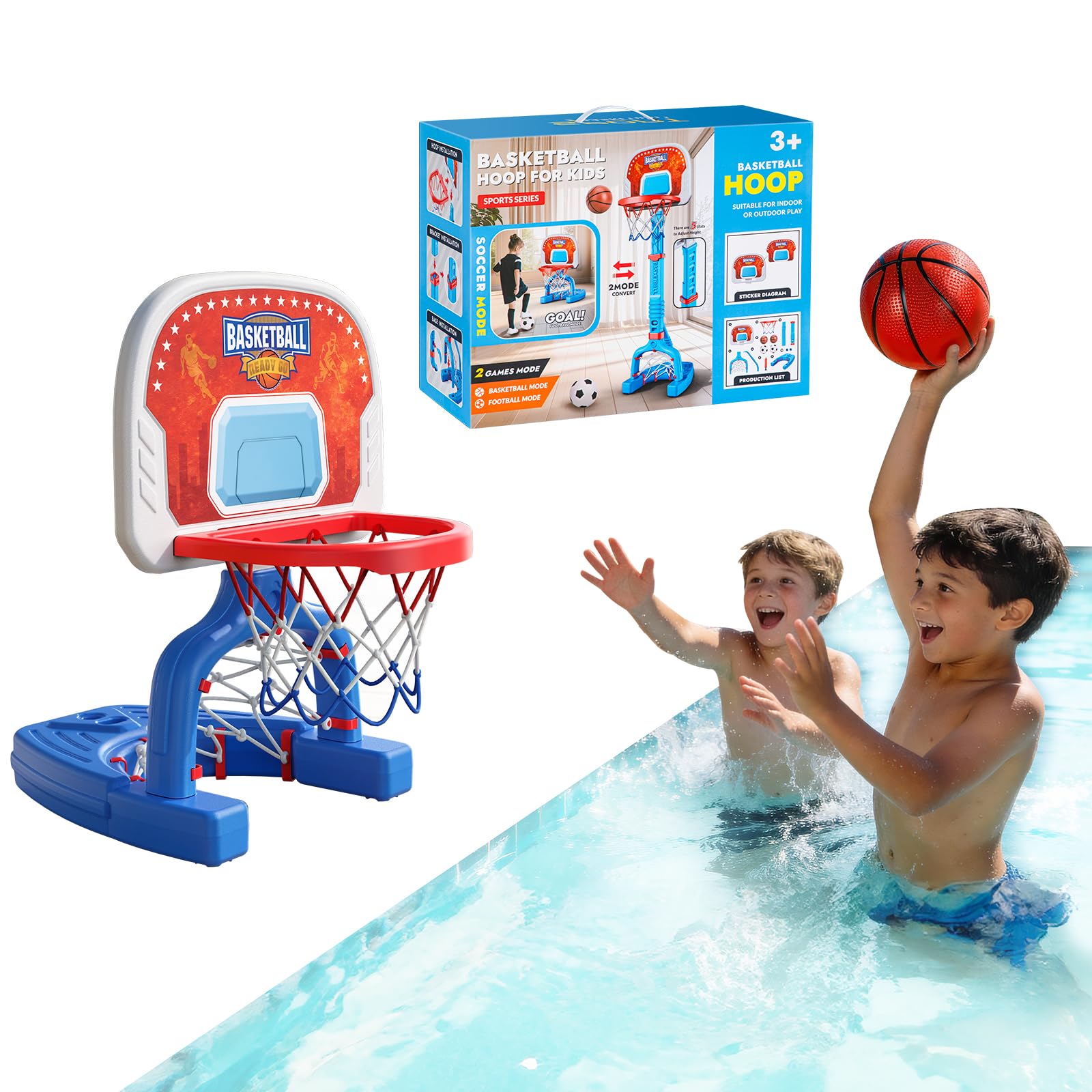 Toddler Basketball Hoop & Soccer Goal, Adjustable, 4 Balls, Indoor & Pool