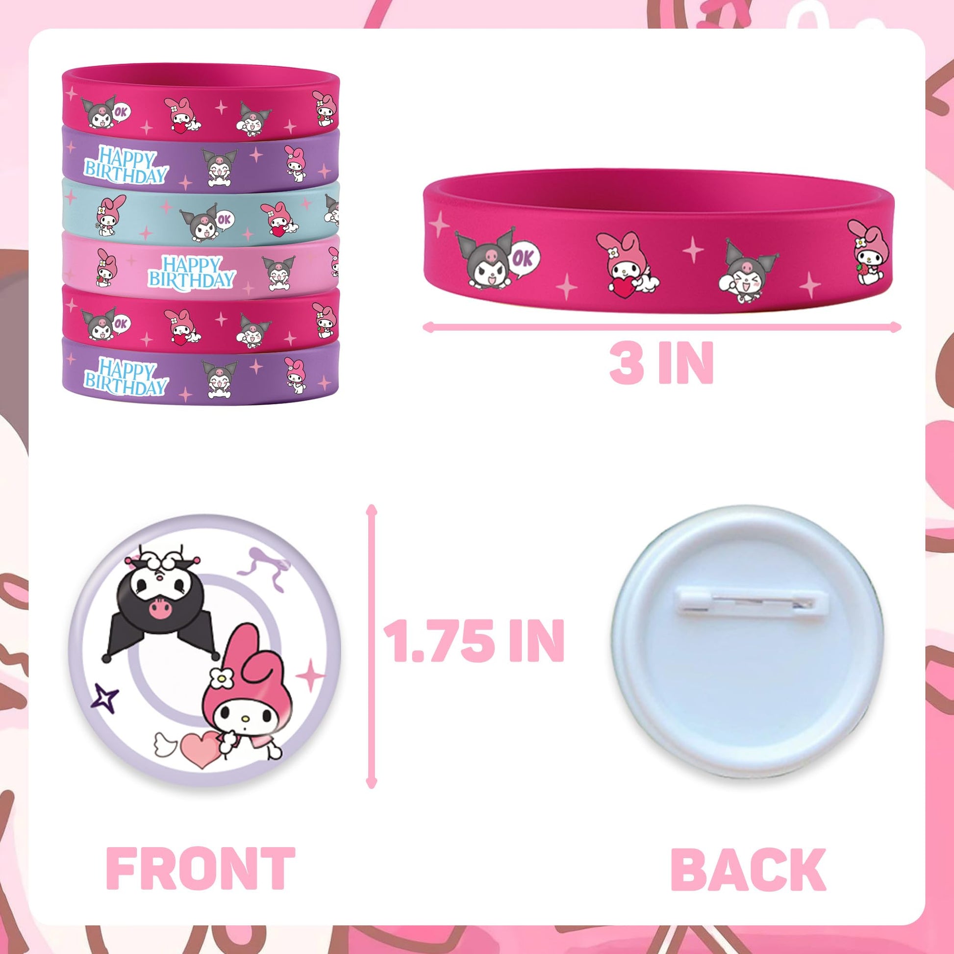 Signreen Kawaii Birthday Party Decorations, Kawaii Birthday Party Supplies Include 12 Bracelets, 12 Button Pins, 50 Stickers, Kawaii Party Favors