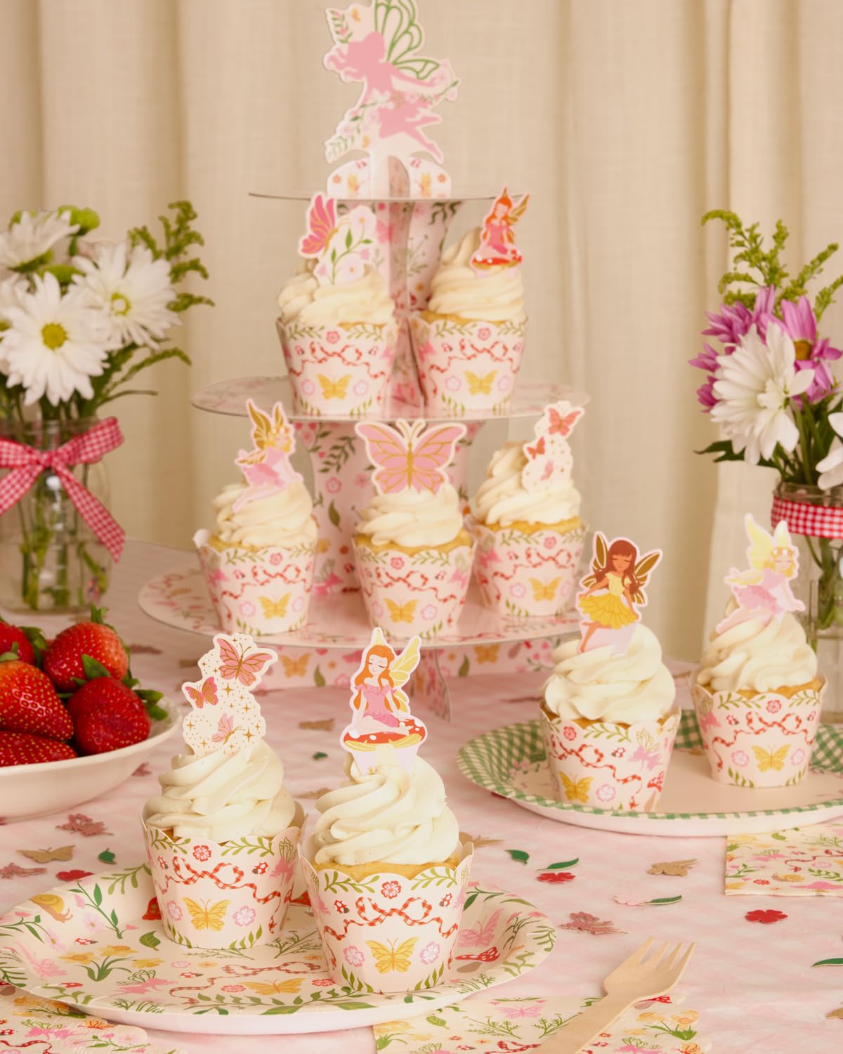 xo, Fetti Garden Fairy Cupcake Toppers and Wrappers - 24 pc Set | Woodland Decorations, Fairy First, Tea Party, Kids Birthday, Butterfly, Pink Floral