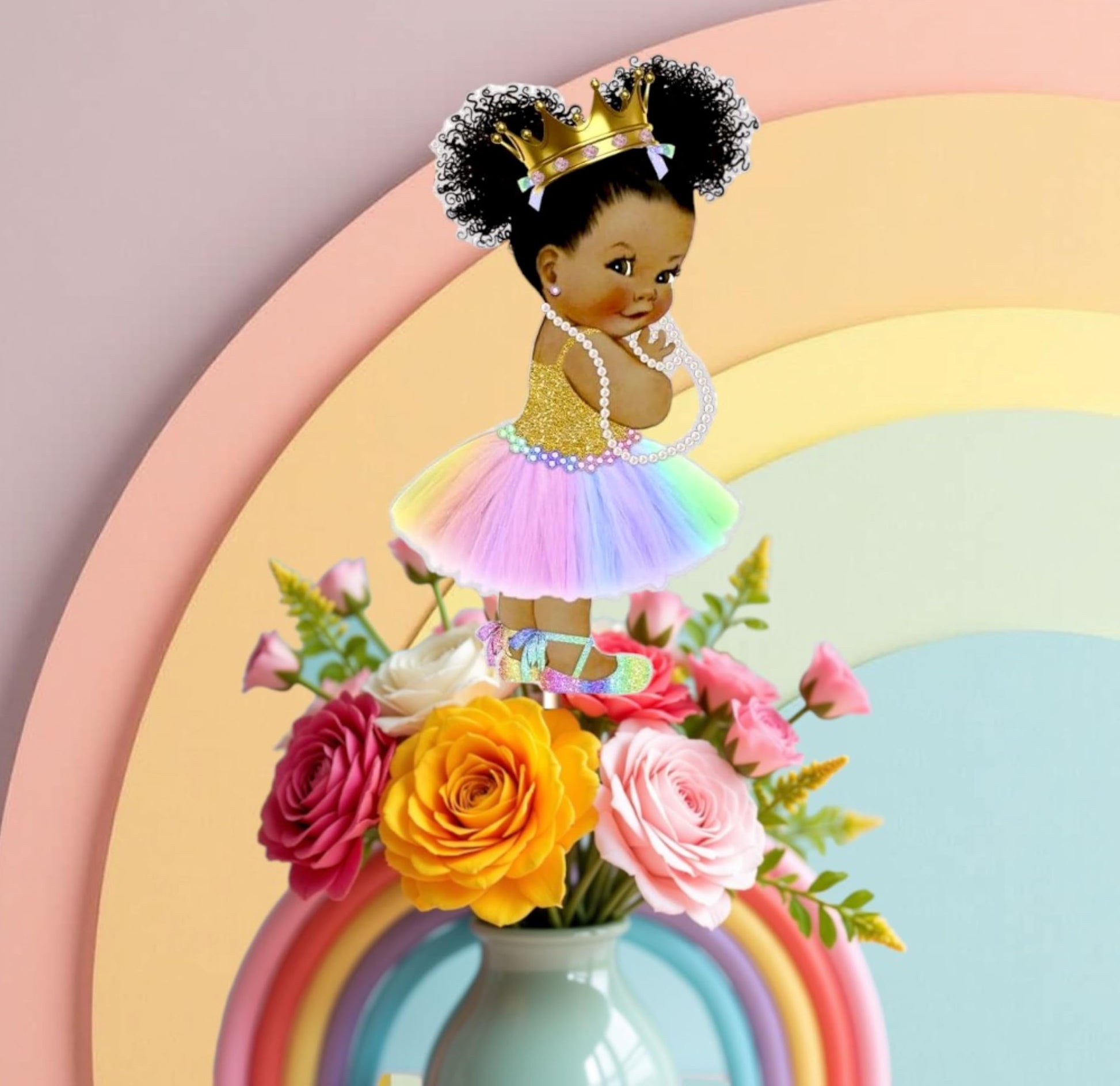 Rainbow Princess African American Centerpieces Table Decoration, Diaper Toppers Unicorn Princess Table Party Decoration