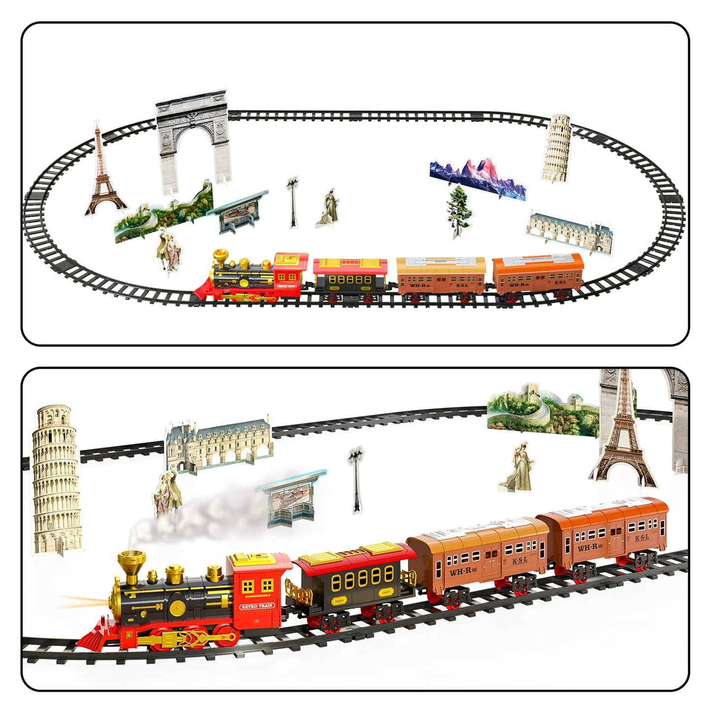 TEMI Train Set for Kids Toddlers 3-5, Train with Steam Engine, Cargo Car and Long Track, Rechargeable Battery Play Red Train Toys with Smoke, Light