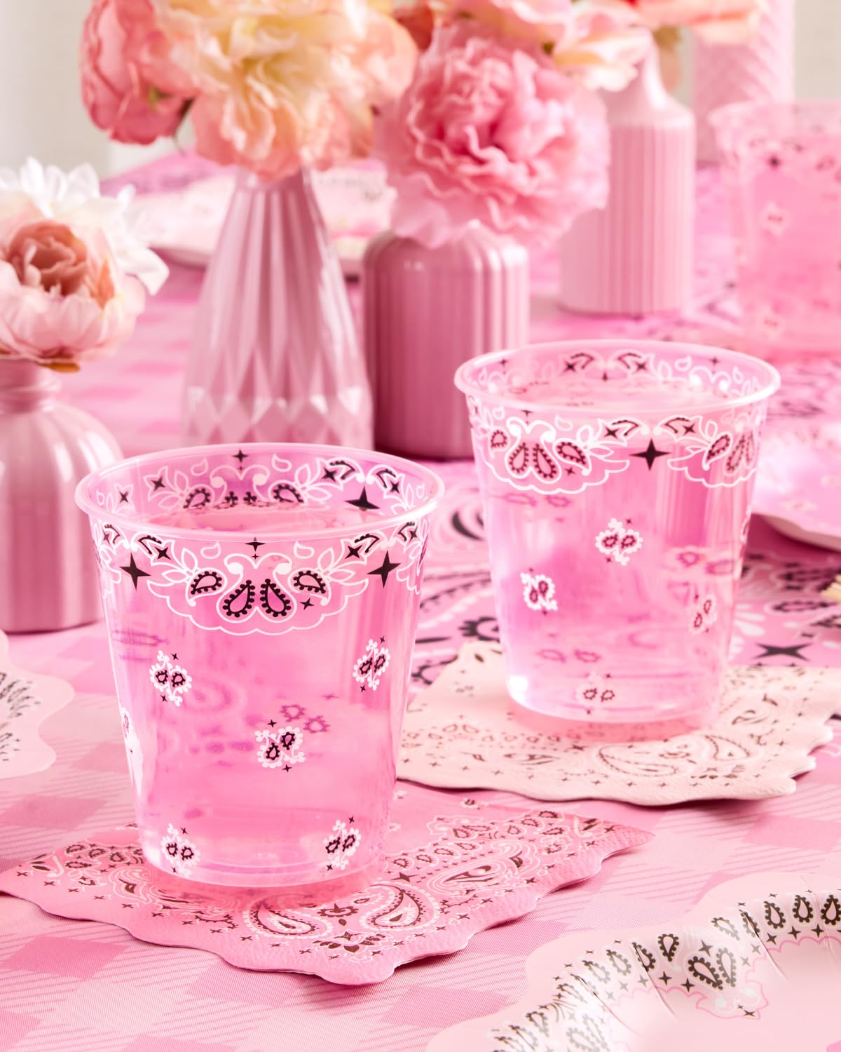 xo, Fetti Cowgirl Plastic Cups - Set of 16, 12oz | Western Party, Pink Cowgirl, Rodeo Cups, Bandana Print, Girls Birthday, Boot Decorations