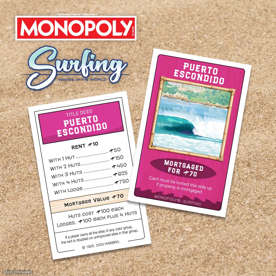 Monopoly: Surfing Waves of the World Board Game - Buy, Sell, Trade Iconic Surf Spots Like Pipeline & Superbank, 6 Custom Beach-Themed Tokens, Family