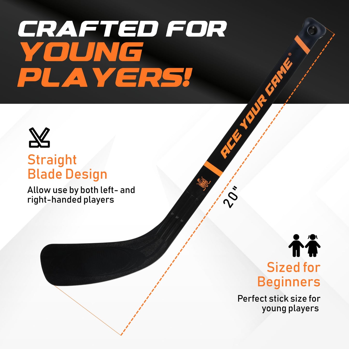 ACE HOCKEY - Shinny Hockey Set - Complete 4-Player Indoor/Outdoor Kit - Knee Hockey Goal Set (2) Goals, (2) Mini Sticks, and (6) Foam Balls - Mini