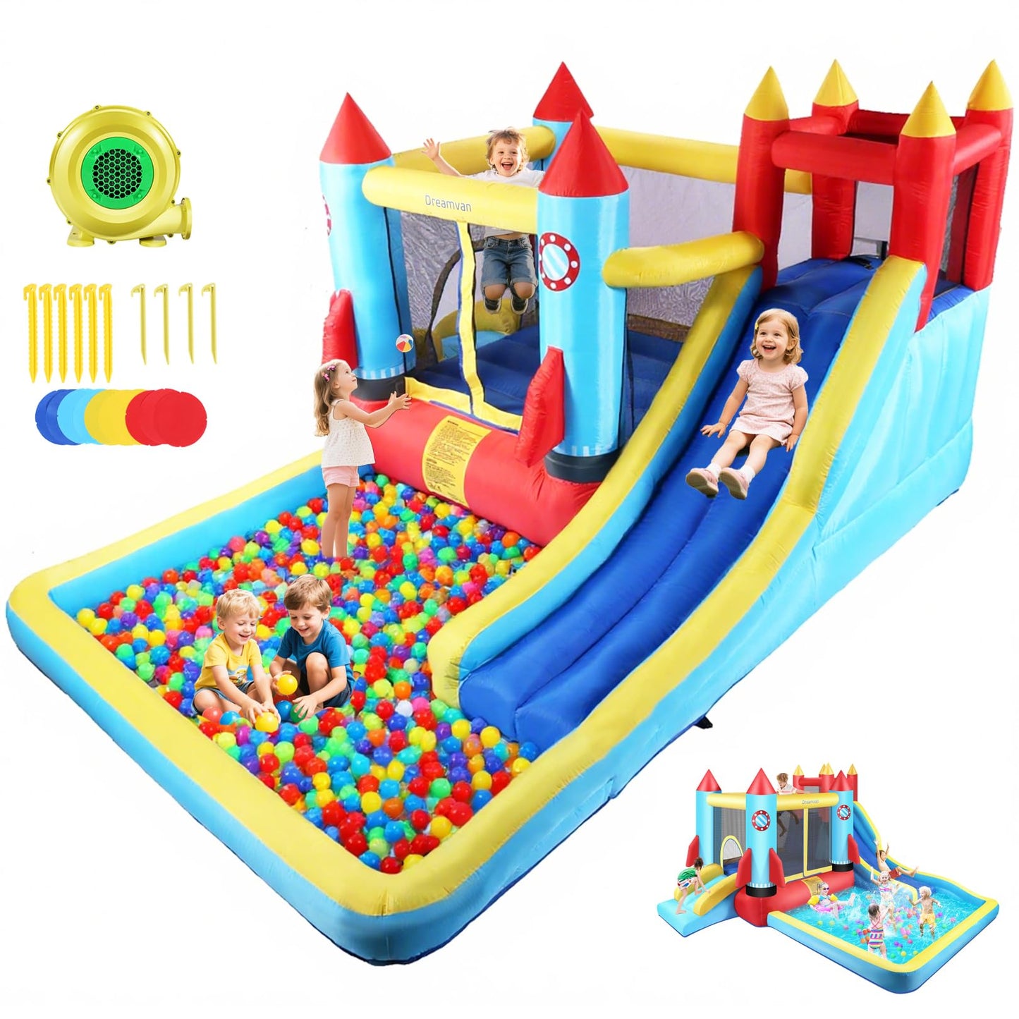 Inflatable Bounce House for Kids 146 x 132 x 82 inch, Indoor/Outdoor Bouncy House with Large Splashing Pool, Bouncing Area, 2 Water Slides,Climbing