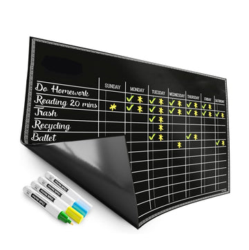 Magnetic Black Chore Chart for Kids - Perfect Size Dry Erase Board for Refrigerator - with 4 Chalk Markers - Reward Good Behavior & Responsibility