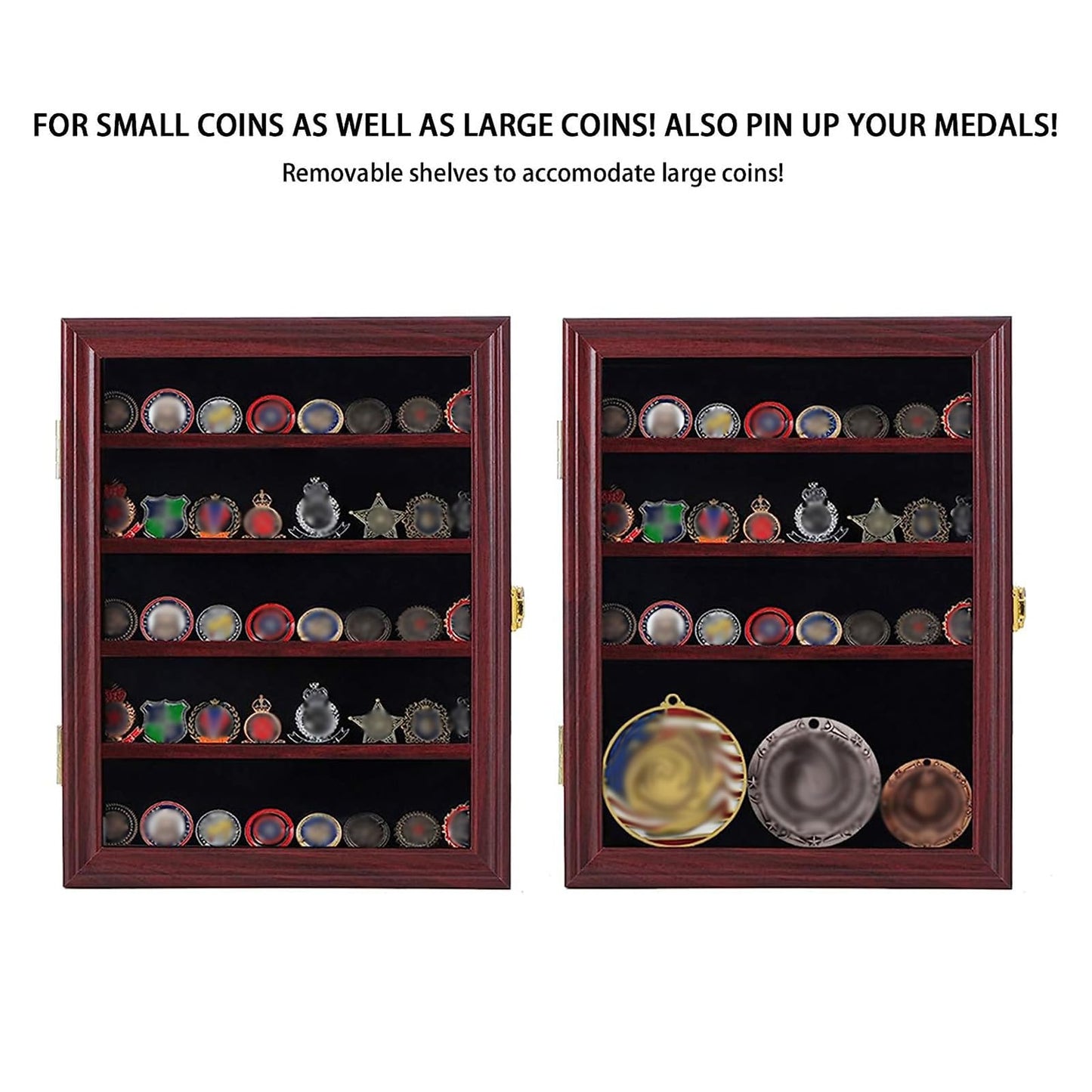 Jinchuan Military Challenge Coin Display Case Lockable Cabinet Rack Holder Shadow Box with Removable 2 Grooves Shelves and Anti Dust Door for Casino
