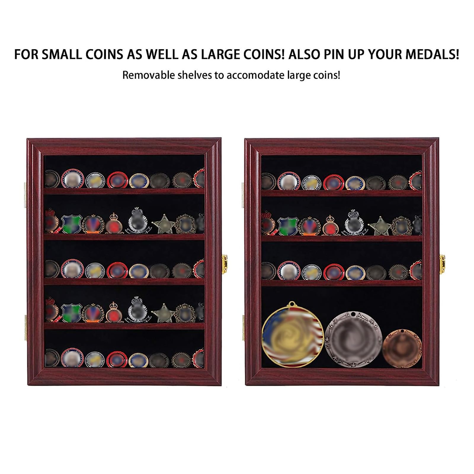 Jinchuan Military Challenge Coin Display Case Lockable Cabinet Rack Holder Shadow Box with Removable 2 Grooves Shelves and Anti Dust Door for Casino