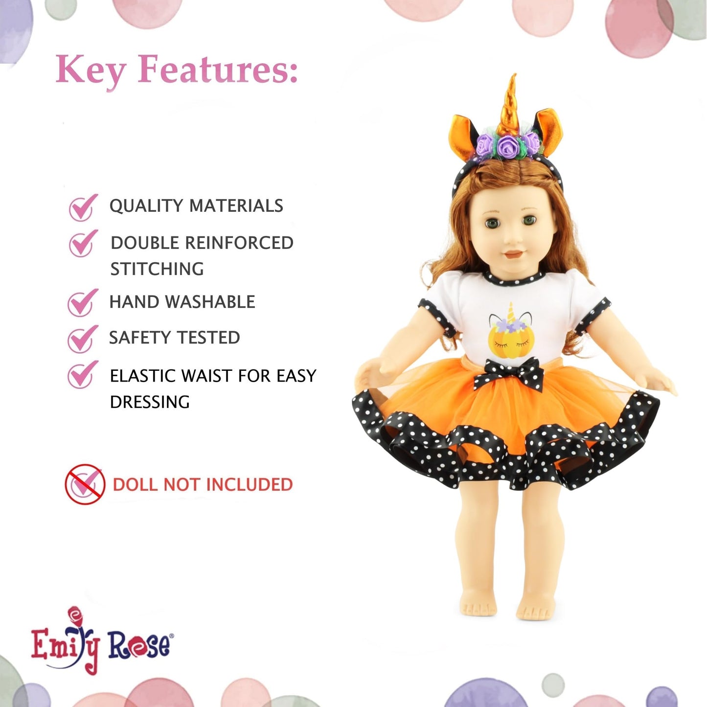 Emily Rose 18" Doll 3PC Orange & Black Unicorn Tutu Costume Set with Headband | Compatible with American Girl & Our Generation Dolls | Gift Boxed |
