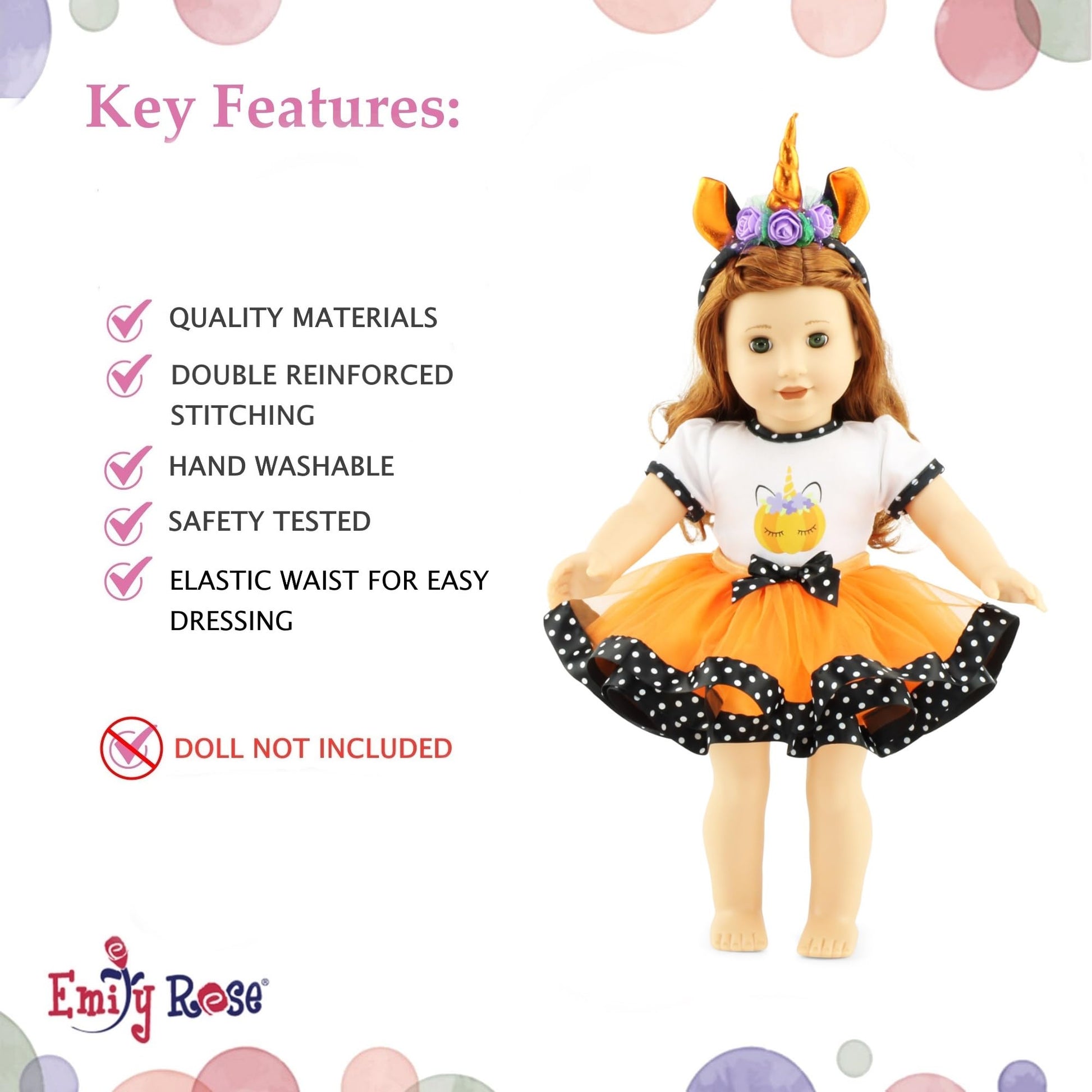 Emily Rose 18" Doll 3PC Orange & Black Unicorn Tutu Costume Set with Headband | Compatible with American Girl & Our Generation Dolls | Gift Boxed |