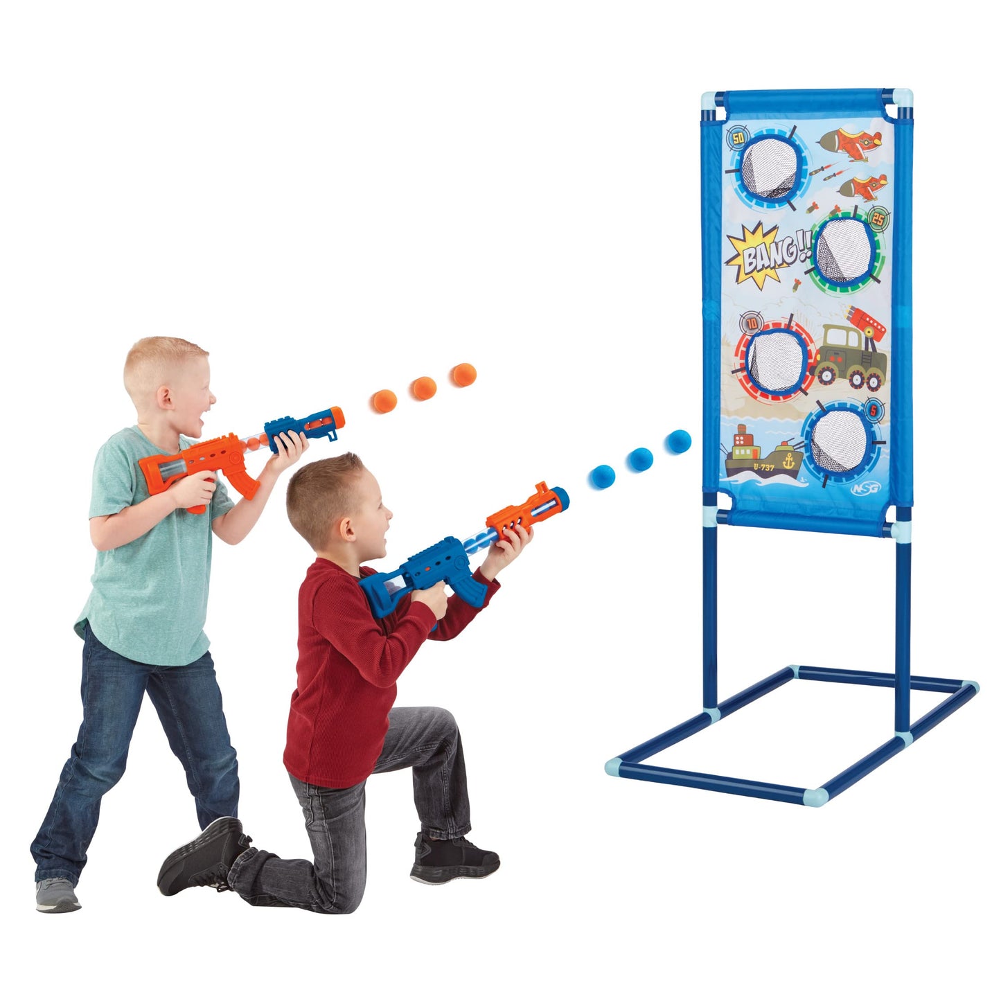 NSG Aeroblast Shooting Games for Kids - 2pk, 24ct Soft Foam Balls and 2 Pump Action Blaster Guns, 2-Player Toy Blaster Gun Set with Standing Shooting