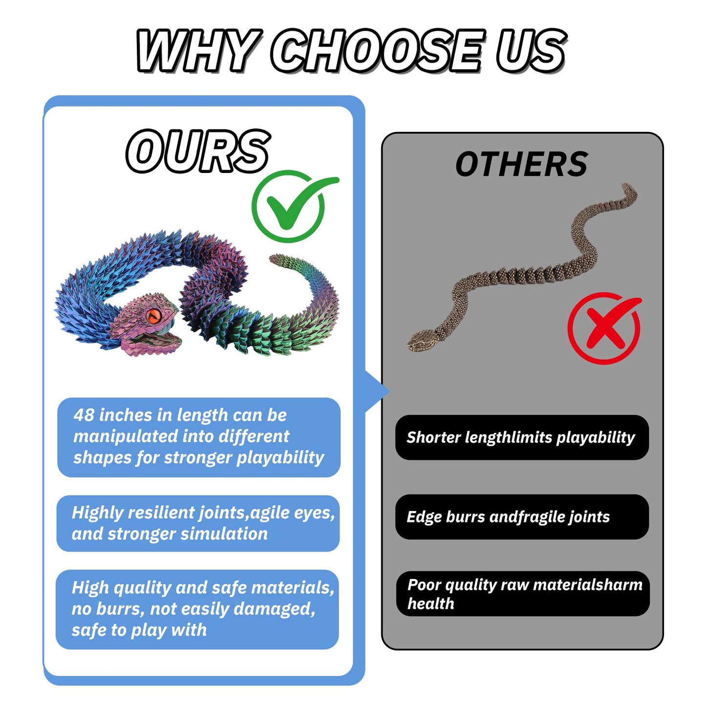 ZZM3D 48 inch Super Large 3D Printed Snake with Movable Teeth and Flexible Joint 3D Printed Animals Toys Birthday
