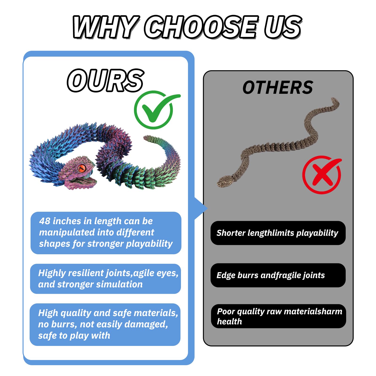 ZZM3D 48 inch Super Large 3D Printed Snake with Movable Teeth and Flexible Joint 3D Printed Animals Toys Birthday